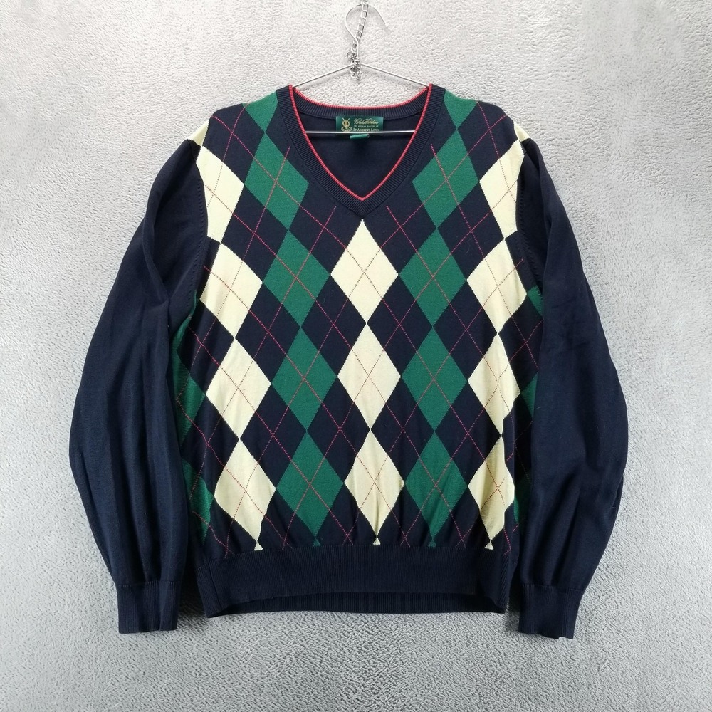 Brooks‎ Brothers Sweater Mens L Blue Argyle V Neck Silk Blend St Andrews Links